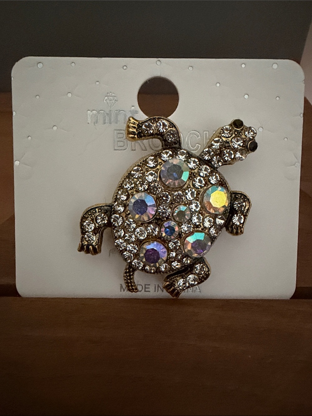 Mint Gold-Tone Turtle Brooch with Iridescent and Clear Rhinestones